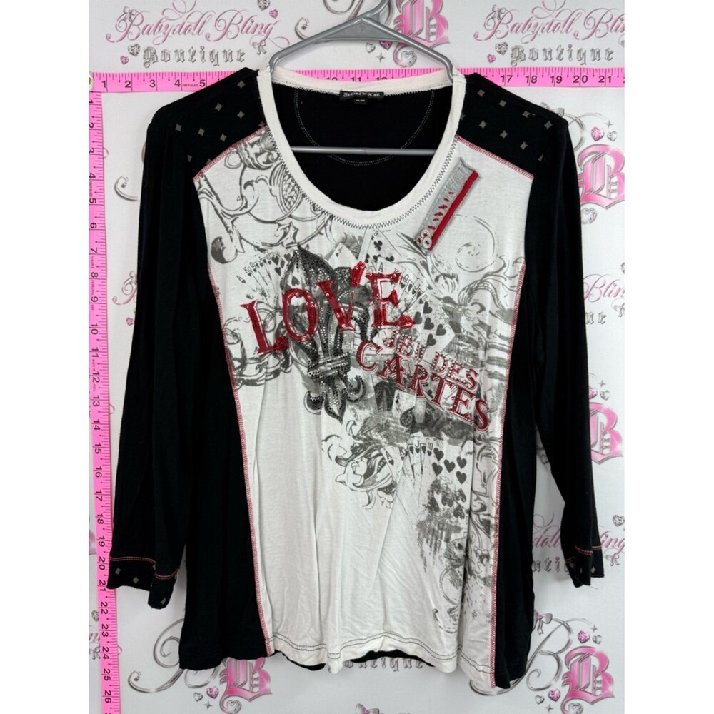 Onyx shirt magazine print Black & White Long Sleeve Top with Red Graphic
